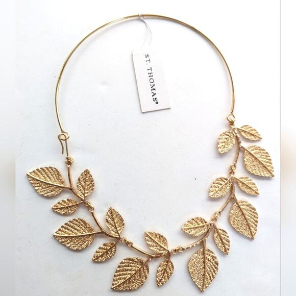 St. Thomas Gold Tone Chain Link Leaf Greek Collar Boho Wrap Necklace NWT 18" - Picture 4 of 4